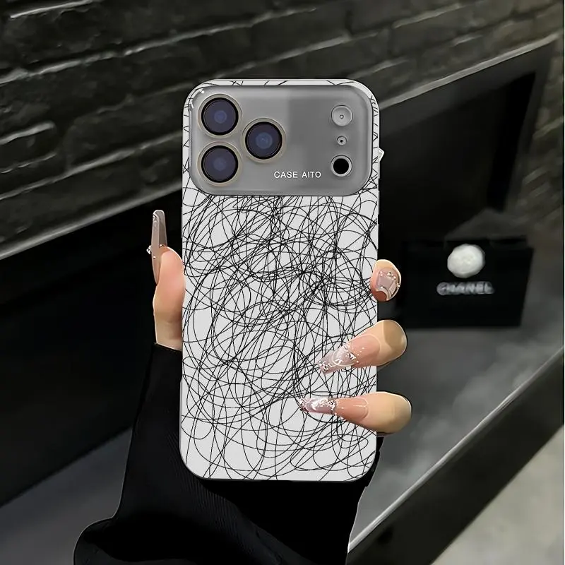 Abstract art pattern with intertwined black lines on the phone case. Suitable for iPhone 17 Pro Max, 16 Pro Max, 15 Pro Max, and 14 Pro Max. Includes lens protection. Also suitable for iPhone 15, 14, 13, and 12. Made of skin-friendly TPU material.