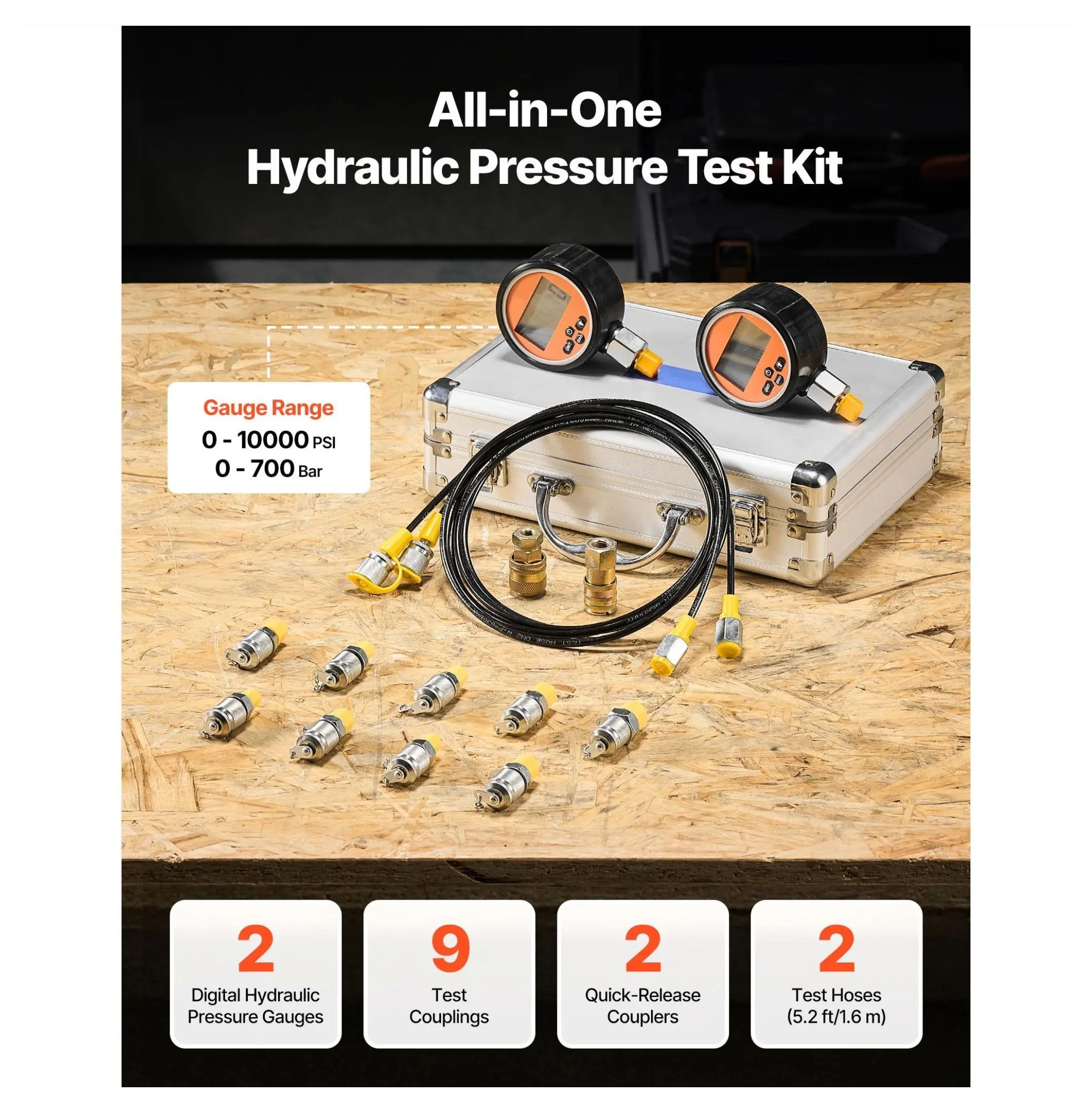 Hydraulic Pressure Test Kit 10000 PSI, Digital Gauges Manometer Tester with 9 Couplings & Hoses Default