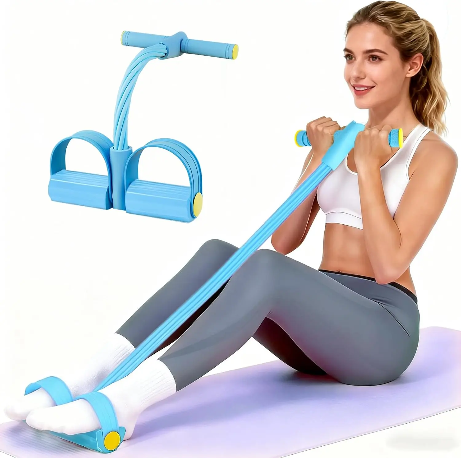 Upgrade 4-Tube Natural Rubber Pedal Resistance Bands with Handles, Multifunction Fitness Tool for Abdomen, Arm, Leg Workouts, Pilates