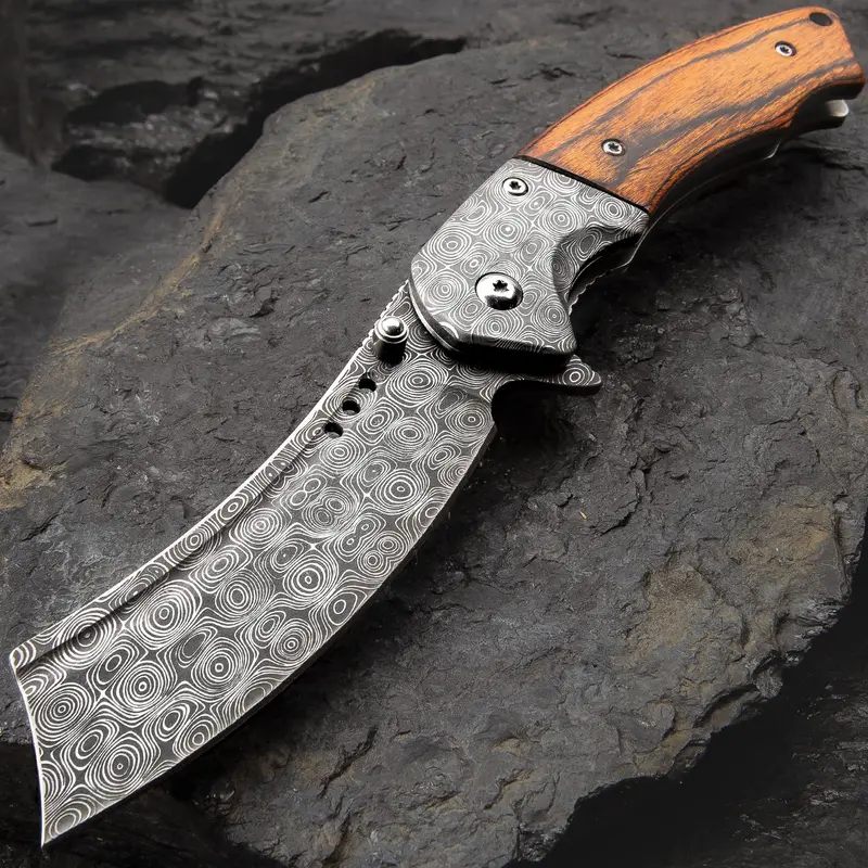 Pocket Knife Assisted Open Wooden Handle Damascus, Razor Sharp Steel Blade, Damascus Bolsters, Pocket Clip. Ergonomic Multi-purpose Everyday Carry Outdoor Whittling Tool Unisex