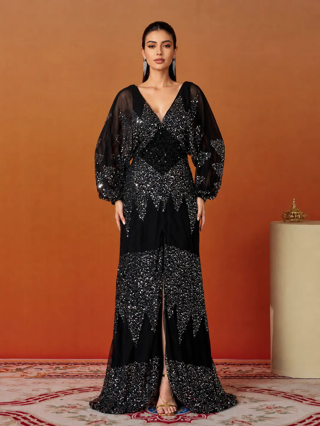 MISSORD black evening gown featuring lantern sleeves, a V-neck, and a high slit, crafted from sequin fabric with a back zipper closure; suitable for formal events—slim fit.