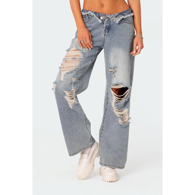 Distressed Fold Over Low Rise Wide Leg Jeans
