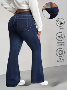 Women's Plus Size High Elastic Blue Denim Flare Pants, Butt Lifting Leg Shaping, Wide and Stylish, Simple and Versatile Washed Long Pants