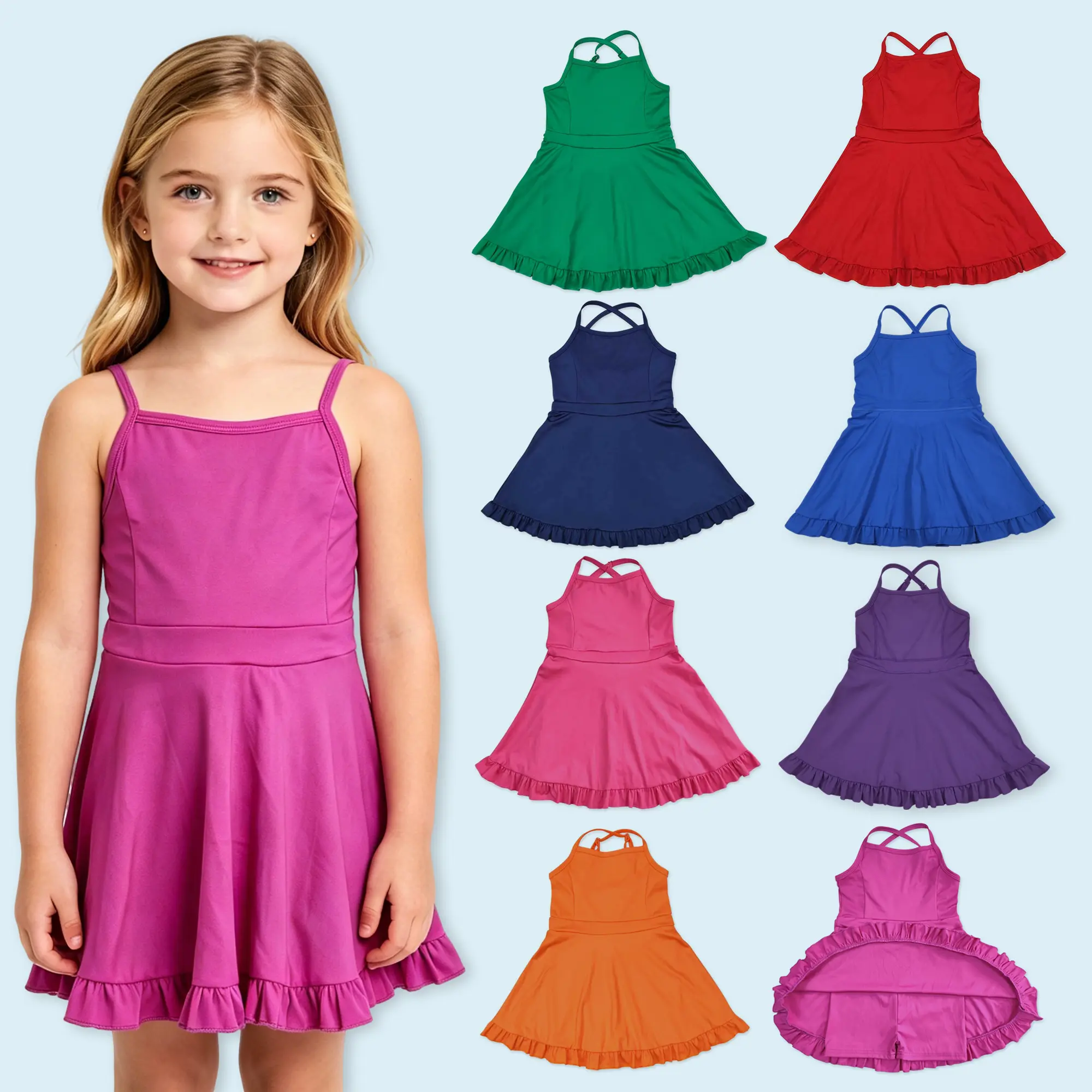 Girls solid color summer active wear yoga dress quick dry dress kids athletic dress girls clothing