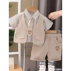Summer Outfit for Boys Featuring a Vest, Short Sleeves, And Shorts. Stylish And Cool, Made from Soft, Breathable Fabric with Cartoon Embroidery, Perfect for Outdoor Wear