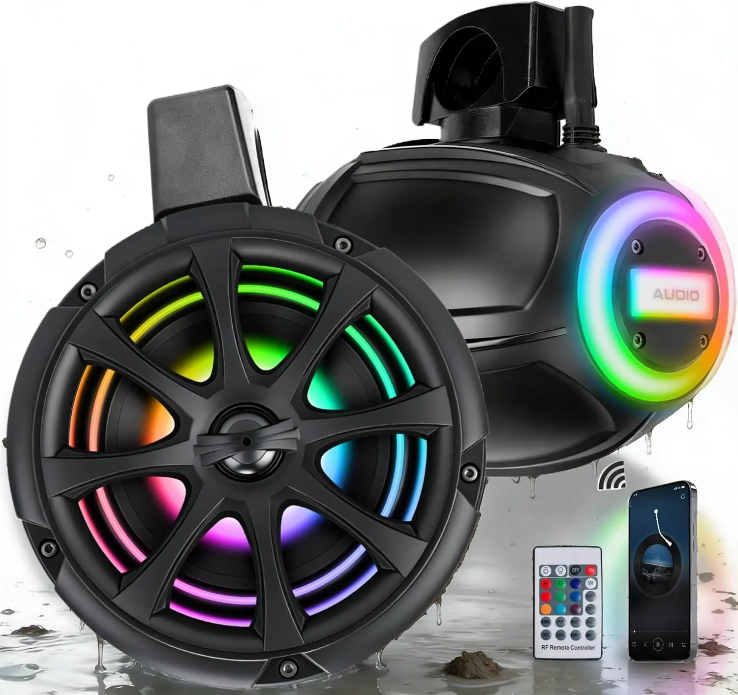 1200W 6.5 Inch Marine Speakers, Built-in Bluetooth & Amplifier, IPX6 Waterproof Powered Subwoofers, RGB Lights, 2-Way, Independent Remote Control, Boats Audio System for ATVs, UTVs, Jeeps, Golf Cart