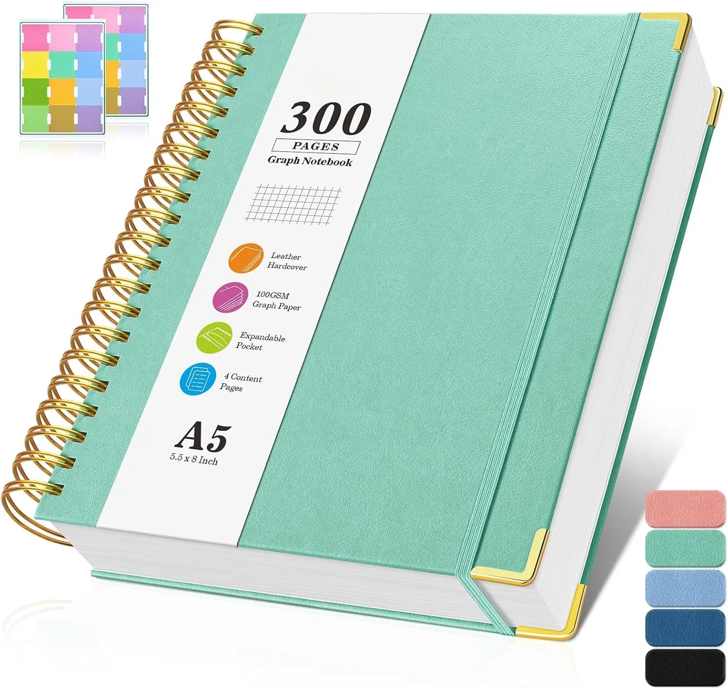 Graph Paper Notebook, Spiral Grid Notebook, Hardcover Leather Journal 300 Pages, 100gsm Thick Grid Paper Notebook, A5 Small Graphing Notebook Journal for Women Men Writing Engineering School Work