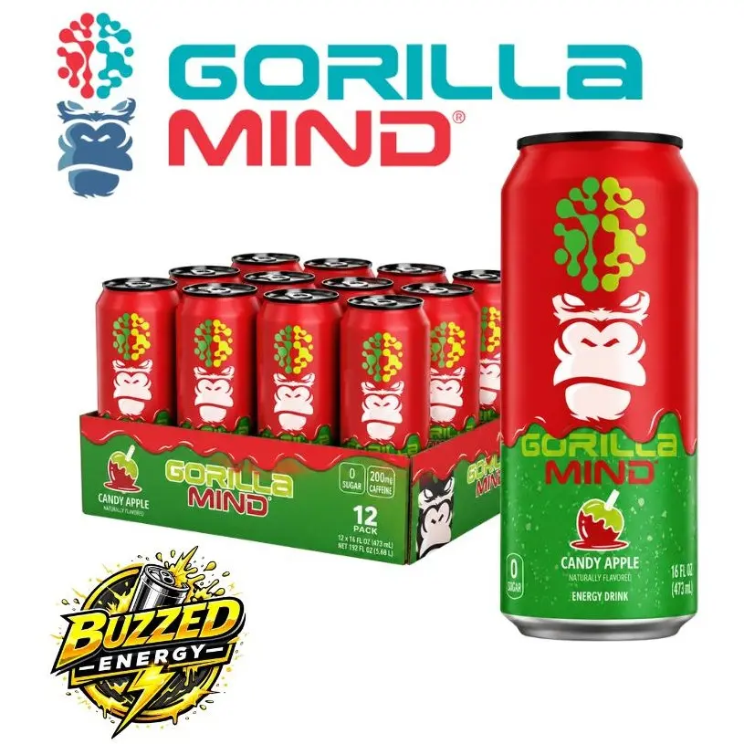 Gorilla Mind Sport Energy Beverage - Sugar-Free, Gluten-Free, Non-GMO - 200mg Caffeine, Nootropic-Infused (Case of 12)