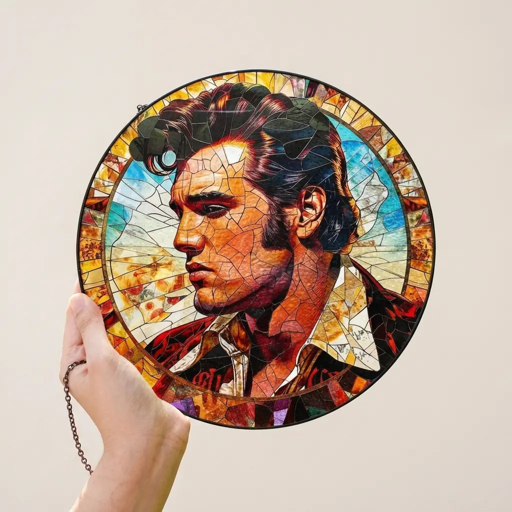Elvis Presley Round Stained Glass Suncatcher - Hangable Decorative Wall Window Art, Light Colorful Garden Decor, Rock King Collector's Item, Vintage Music Icon Gift for Christmas Valentine's Day