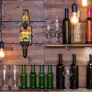 1pc Vintage Industrial Wooden Beer Bottle Opener with Cap Storage, Wine Bottle Shape, Wall Mounted, Perfect for Home Bar & Outdoor Dining