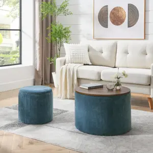 2-Piece Round Chenille Storage Ottoman Set with Drum Stool, Multifunctional Footrest Bench with Storage Space and Table Top for Living Room, Bedroom, Apartment