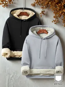 Men's 2-piece hoodie set, featuring soft and warm fabric, a drawstring hood design, and thick insulation for warmth and comfort during winter outings in the city