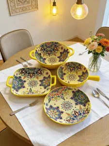 Bohemian Polychrome Embossed Double Handle Soup Bowl Multi-Functional Noodle Bowl Serving Plate Durable Kitchen Tableware for Home Daily Dining, Party & Catering Use