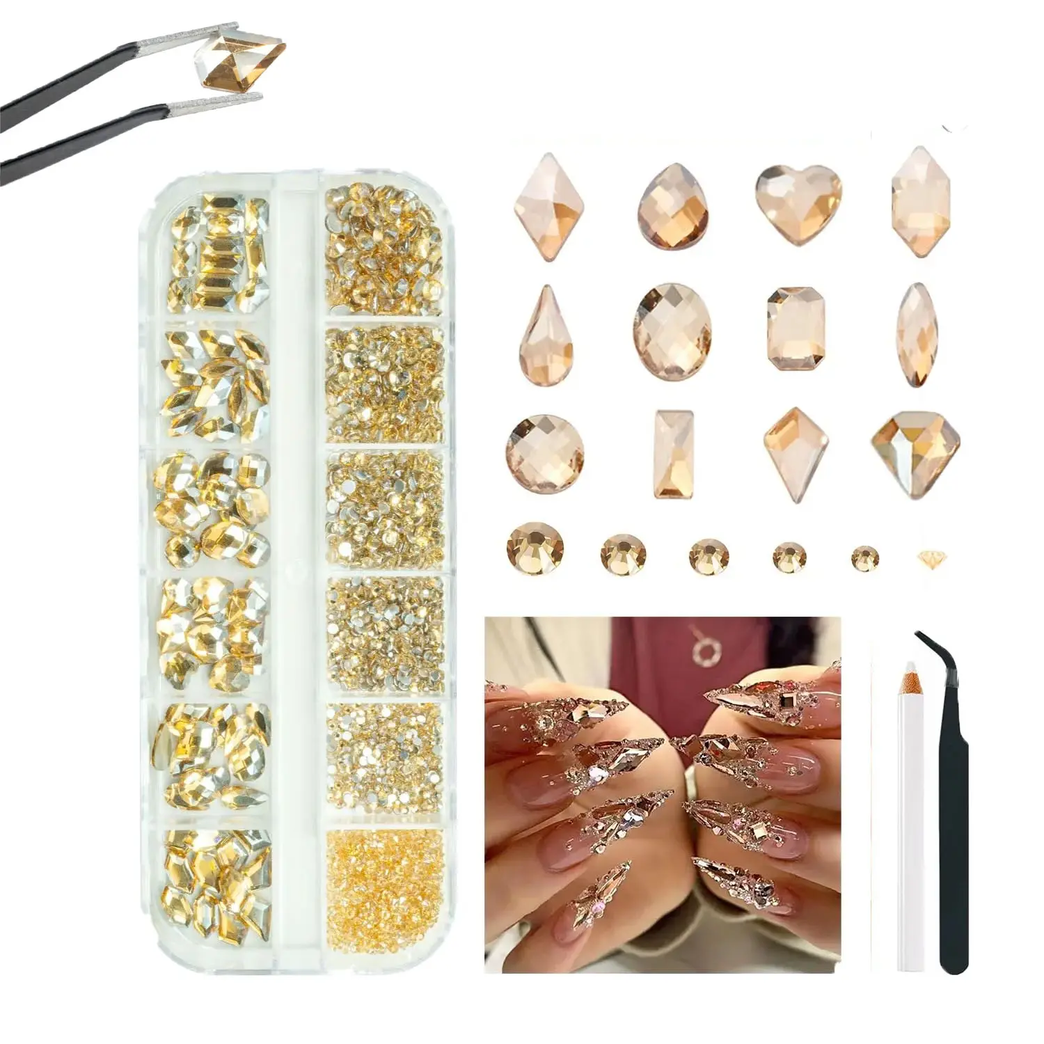 2052Pcs Golden Champagne Nail Rhinestones Set, 72Pcs Multi-Shape Flatback Crystal Gems, 1980Pcs Round Glass Diamond Beads with Wax Pen for Nails, Face Eye Makeup & DIY Crafts
