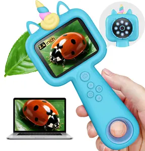 Kids Handheld Digital Microscope & Magnifying Glass, 2-in-1 Unicorn Pink Portable Science Toy for 3-12Y, 600X Zoom 200W HD IPS Screen, 8 Soft LED, Rechargeable 600mAh, Outdoor Nature Exploration & Observation Tool for Boys Girls, Educational Gift