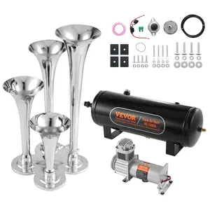 fathersdaygift VEVOR Train Horns Kit, 4 Trumpet Air Horn Kit, 150dB Train Horns for Pickup Trucks, 12V 160 psi Air Compressor 2.6 Gal/10 L Tank with Gauge for Any 12V Vehicle Car Truck Train Van Boat
