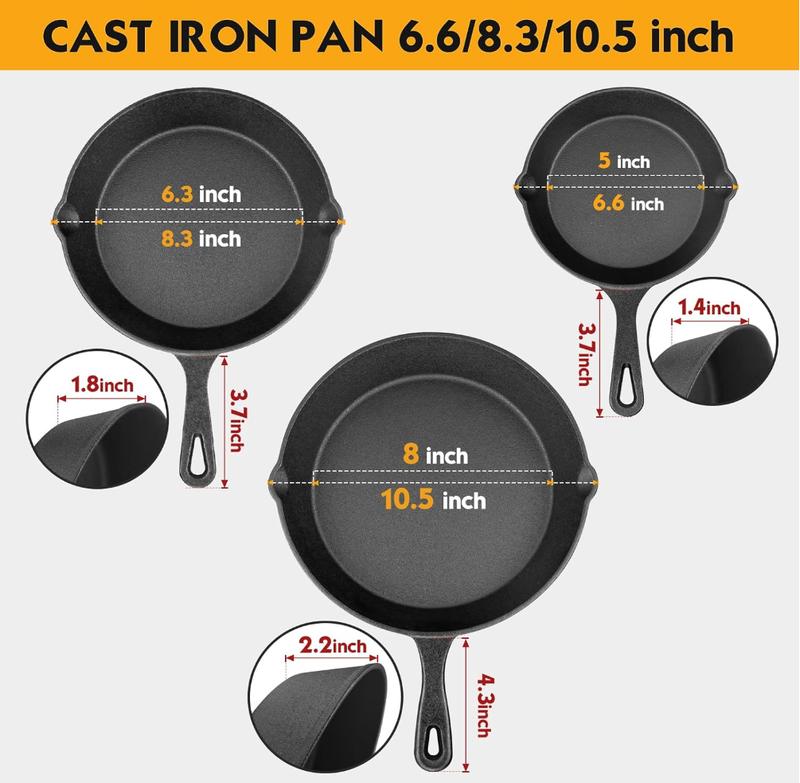 Pre-Seasoned Cast Iron Skillet 3 piece Cast Iron Frying Pan set with Heat-Resistant Handles - 6 inch, 8 inch and 10 inch Cast Iron Set, For Frying, Saute, Pizza, Oven Safe (Black)