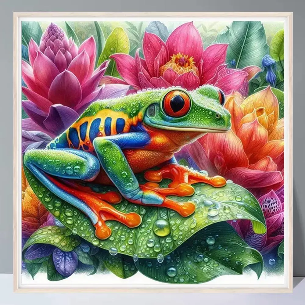 Frog Diamond Painting Kits Without Frame, Tool Kits Pink Flower Full Round Diamond Paint Rainforest Animal Handmade Room Decor Gifts
