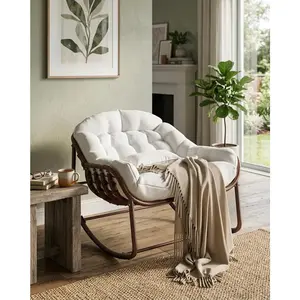 Oversized Papasan Rattan Egg Rocking Chair with Cushioned Seat, Sturdy Metal Frame Indoor Outdoor Rocker Chair for Bedroom Living Room Porch Garden Lawn