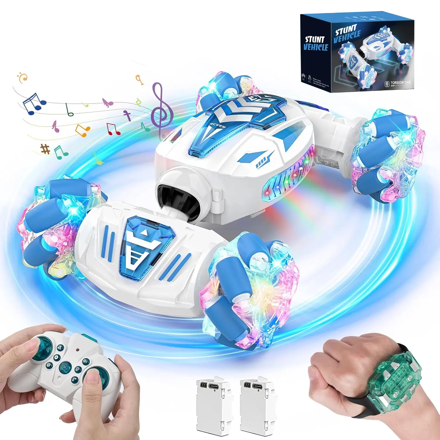 Gesture Sensing Remote Control Stunt Car 360° Rotating 4WD 2.4Ghz Transform Hand Controlled Car Toys with Light & Music, Best Gifts for Boys