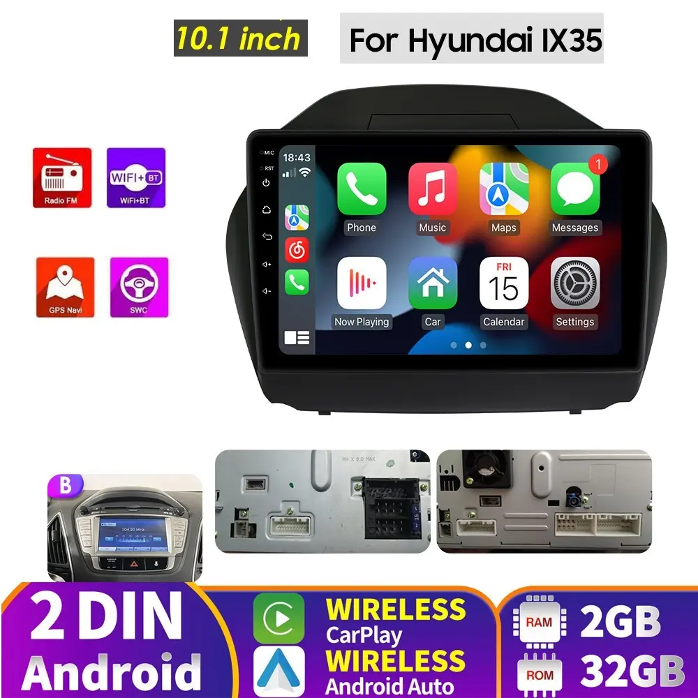 Hizpo 10.1 Inch Type B 2DIN Android Car Radio, Car Video Player for Hyundai Tucson 2/Ix35 2009-2015 with GPS Navigation & CarPlay Auto Screen Stereo, Play Screen Adapter Car Video Players
