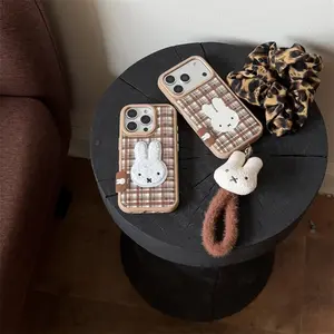 Fashion Brown Plaid Kawaii Bunny with Plush Charm Cute Phone Case for iPhone 17 Pro 13 14 15 Pro 16 Pro Max Cover Cartoon Fundas