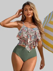 2pcs/Set Women's Summer Casual Tropical Floral Ruffled Crop Top & High Waist Swim Shorts Beach Swimsuit Multicolor Asymmetrical Tiered Layer