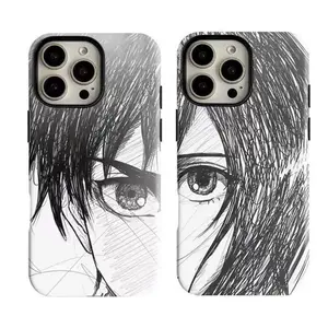 Attack on Titan Eren & Mikasa Couple Phone Case,Sketch Style Durable Design cellphone cover,for iPhone 17 Pro Max 16/15/14/13/12/11 Pro Max Plus and for SamsungS25,S24,S23,S22, Manga Art Eyes Design Aesthetic phone Cover, Fun Gift for fans