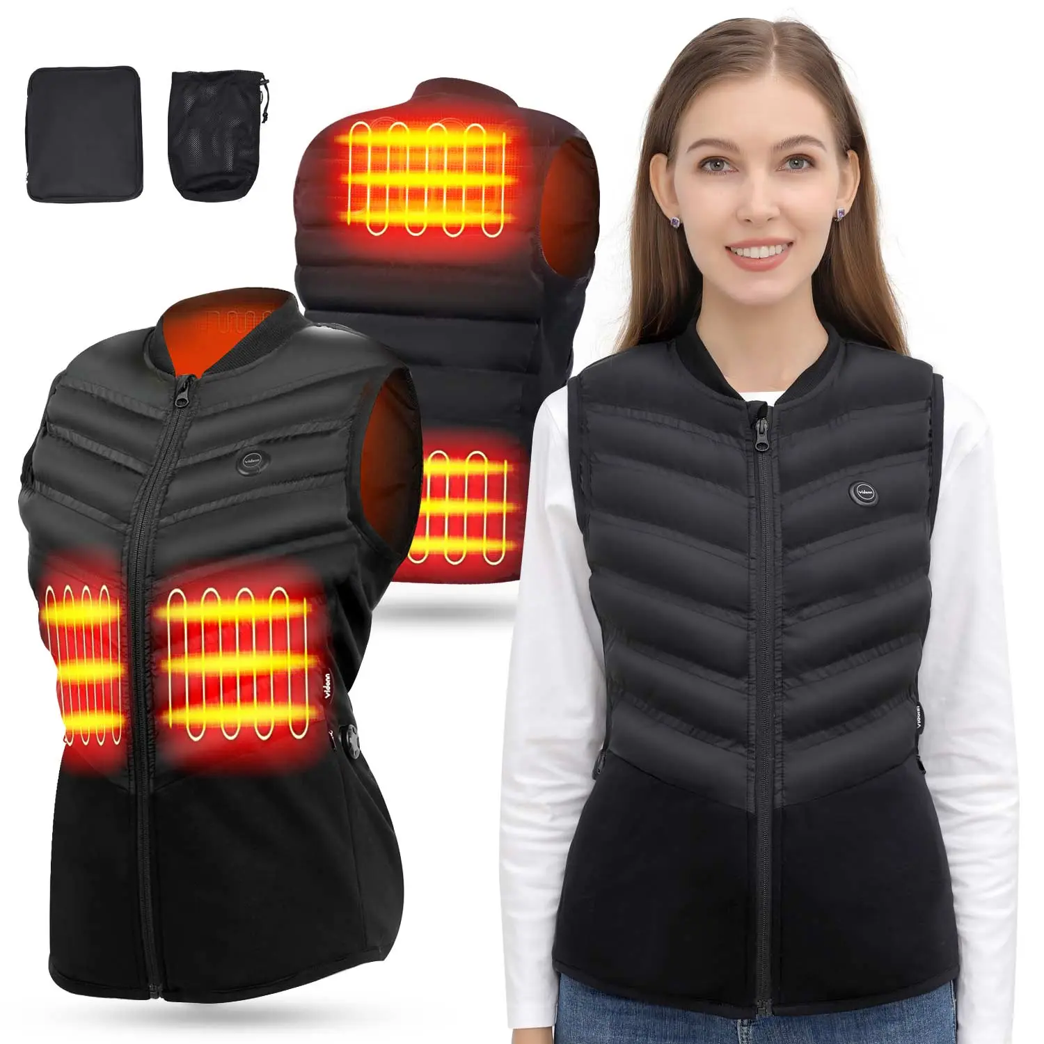 Vidonn Men/Women Lightweight Zip Fleece Heated Vest with Battery Pack, 3 Temperature Level Black Casual Black
