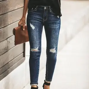 Ripped Stretchy Skinny Jeans, Distressed Whiskering Slash Pocket Washed Blue Mid Waist Denim Pants, Women's Denim Jeans & Clothing Bottoms Womenswear(Sheets)