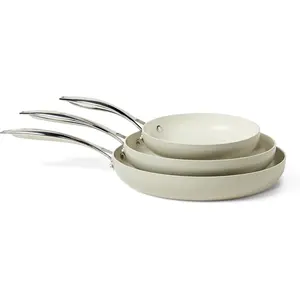 Ceramic Nonstick Cookware, 3-Piece Set of Pans, All Cooktop Friendly, Dishwasher-Safe, Linen Gray