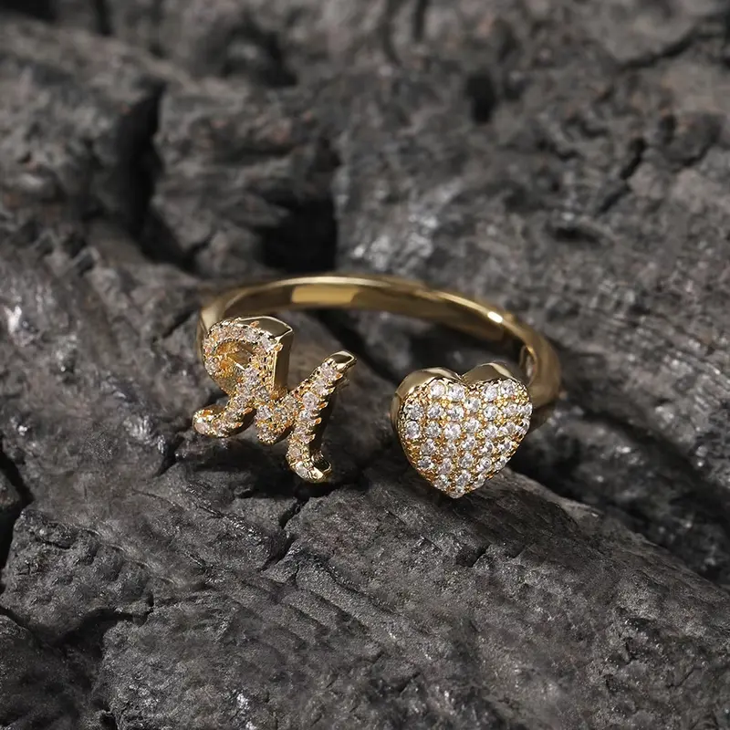 Women's 14 karat Gold Plated Initial Heart Rings - Open Adjustable Gold Rings (Size 6-10) - Meaningful GF Gift for Women, Costume Jewelry