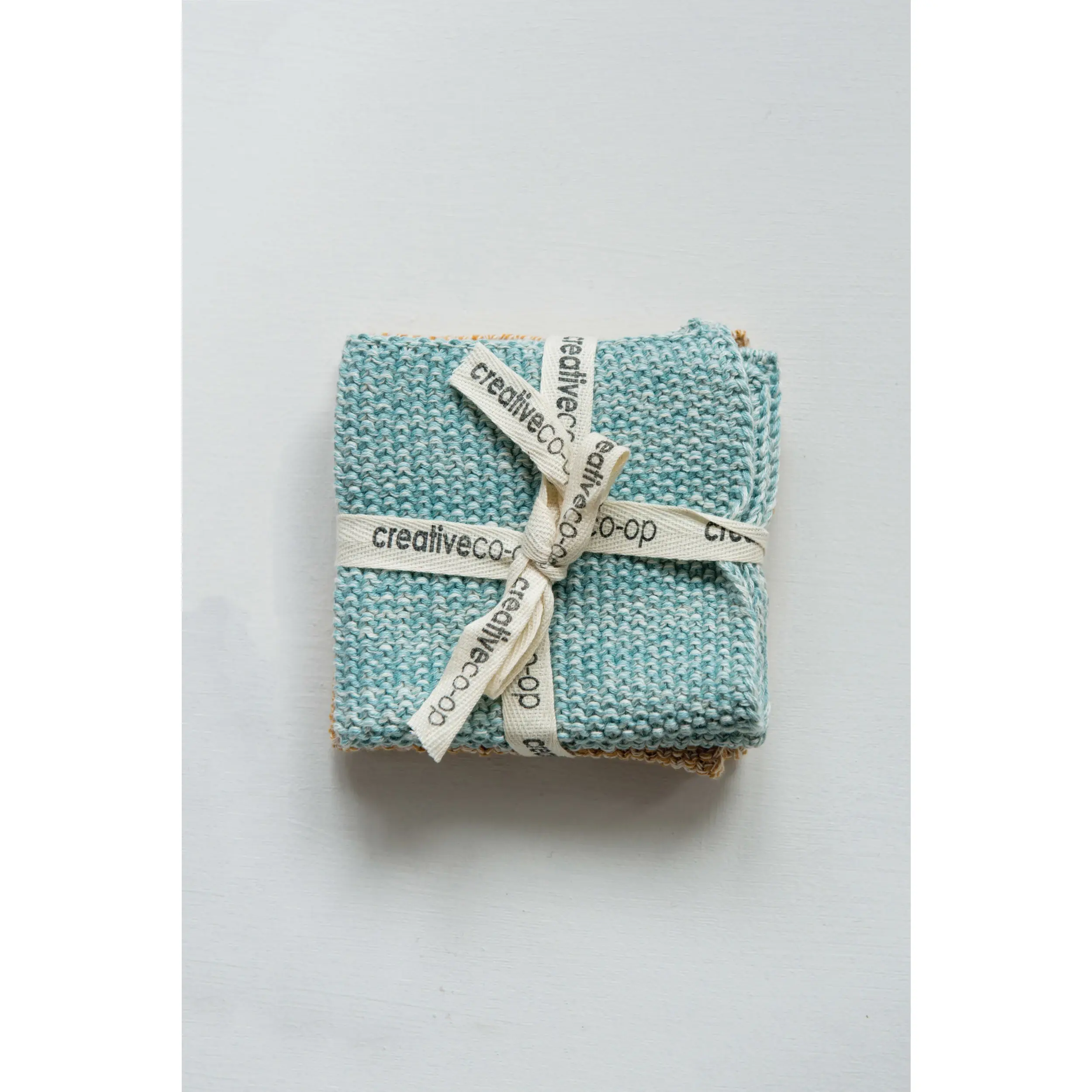 Set of 2 Square Textured Cotton Knit Dish Cloths - Aqua and Mustard