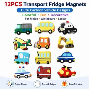 12-Piece Transport Theme Fridge Magnet Set, Airplanes, Vehicles, Cars, Fire Trucks, Soft, Colorful, Strong Adhesive, Fun Home Decor, Perfect Gift