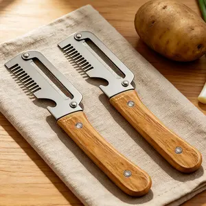 3-In-1 Wooden Handle Scallion Slicer - Manual Green Onion Cutting Tool, Multifunctional Fruit And Vegetable Peeler with Bottle Opener, Suitable for Various Vegetables And Fruits, Practical Small Tool for Preparing Food in Family Restaurants