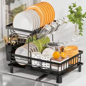2-Tier Dish Drying Rack for Kitchen Counter Space-Saving Dish Rack with Drainboard Rustproof Countertop Dish Drainer with Utensil Holder for Sink Black