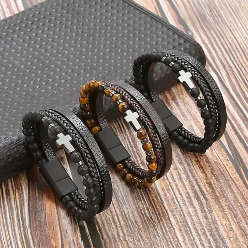 Men's Boho Style Multilayer Cross Bracelet - Braided Leather, Hematite Beads, Magnetic Closure, Religious Faith Wear Jewelry with 8.27" Length, Firm Belief Theme, Engagement Gift Box, Leather & Stone