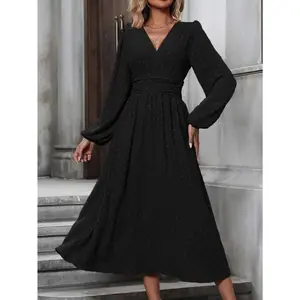 Women  Clasi Ruffle Swiss Dot Surplice Wrap V Neck Neck Long Sleeve Dress Maxi Outfit Mid Size