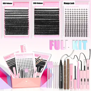YIDUO Puff Lash Clusters Gift box Kit 80D+100D+Manga Lashes Extensions with Bond and Seal Kit | 4 Tip Brow | Waterproof Eyeliner | Eyelash Brush, 10-18mm Volume Fairy Wispy D Curly Individual DIY Eyelash Clusters Kit Salon Look at Home | Long-Lasting Glam