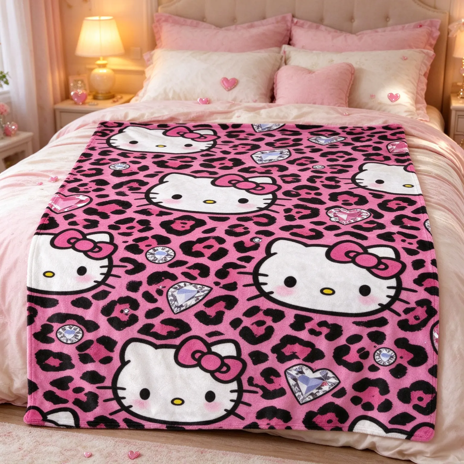 Hello Kitty Pink Leopard Print Fleece Blanket, Cute Heart Diamond & Hello Kitty Repeat Pattern, 4 Sizes Available, Soft Throw Blanket for Room Decor