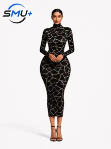 Fashion Summer Women Long Sleeve Sheer Dress See Through Mid Calf Mesh Print Dress Sexy Night Party Club Dress Vestidos