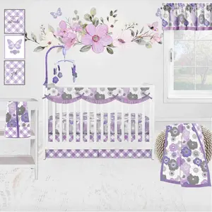 Bacati - Watercolor Flowers 10-Piece Crib Bedding Set with Crib Rail Guard - Purple/Gray Girls