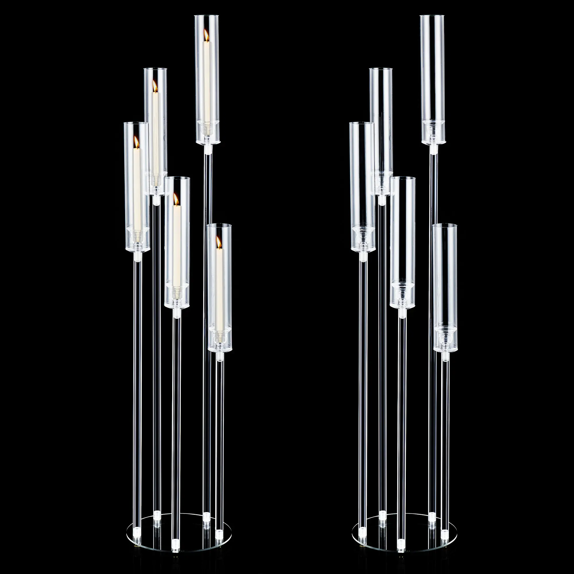 46" Tall 5-Arm Floor Candelabra Stand, Acrylic Candle Holder for LED Taper Candles, Tool-Free Assembly Wedding Centerpiece for Reception, Galas & Party Events