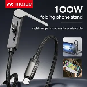 MOJUE 100W USB C Cable with Foldable Phone Stand, Right Angle Fast Charging Data Cable, 90 Degree Gaming Charging Cord, Nylon Braided Type C to Type C or Type C to LIghtning Cable for iPhones 11-17 ,Samsung, Tablets, Laptops, Black