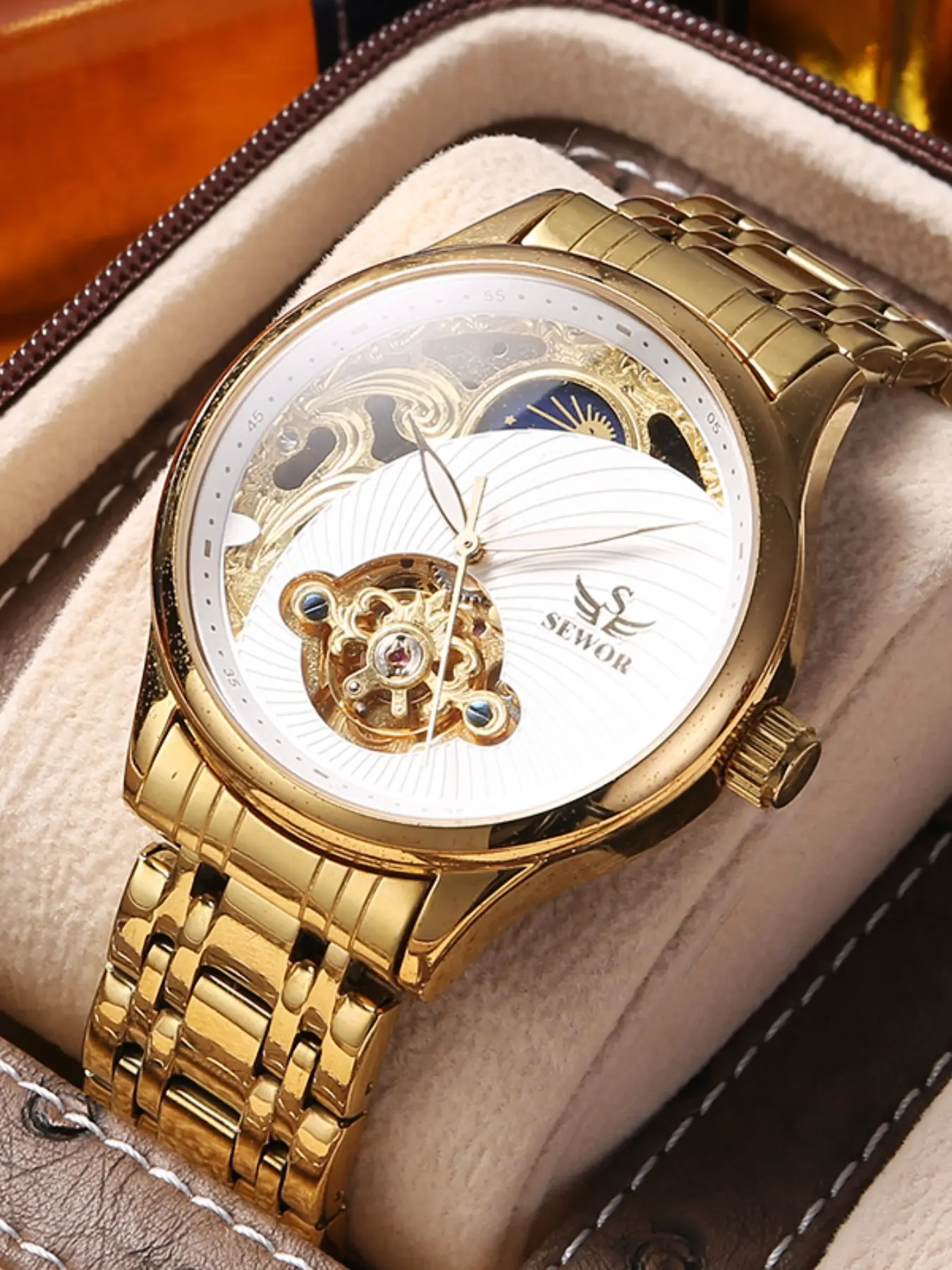 Men's Luxury Mechanical Watch, Dual-Sided Hollow Design, Half-Moon Dial, Vintage Style, Business & Casual Wear, Perfect Gift