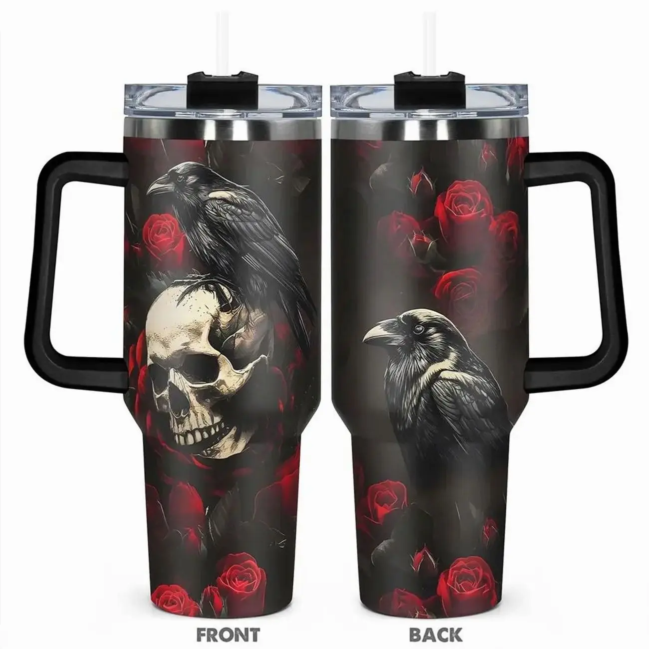 40oz Tumbler, 1pc Gift, Stainless Steel Cup, Insulated and Durable, Design of the dark skull and raven Series, Perfect for skull lovers and Anyone Who loves Unique Artwork, great for holding hot or cold beverages