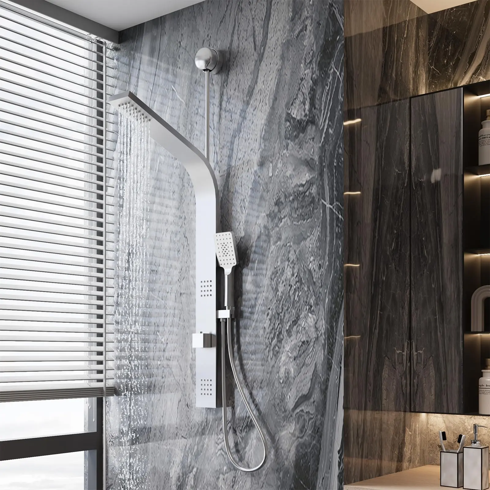 【GARVEE】Shower Panel Tower System with Rainfall Waterfall Shower Head, 6-In-1 Stainless Steel Rain Massage System with Body Jets, Handheld Shower, Wall-Mounted Shower Set, Brushed Nickel