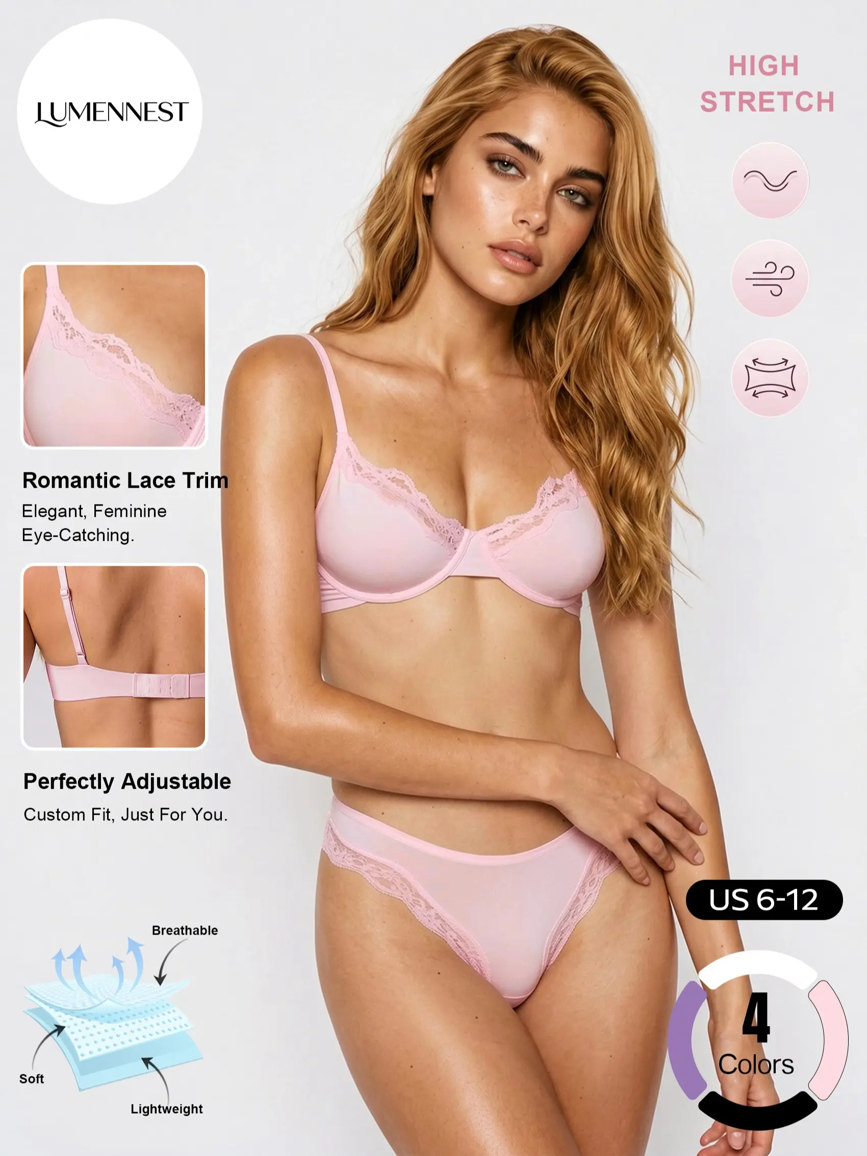 LUMENNEST Women's Basic Lace Trim Underwire Push-Up Bra & Briefs Co-ord, Solid Color Adjustable Strap High Stretch Sweat-Wicking Underwear Set, Layering Style Quick-Drying Breathable Matching Outfit #TikTokMadeMeBuyIt #DateNightSet #CleanGirl