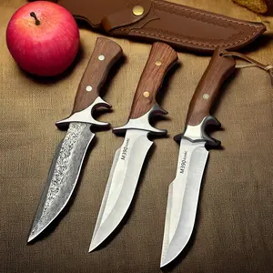 Portable Straight Knife for Outdoor Camping, Solid Wood Handle Picnic Meat Cutting Tool, Hiking Knife with Leather Sheath