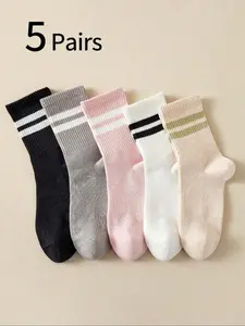 5 Pairs/10 Pairs Women's Crew Socks Fitted, Striped Mid-Calf, Casual Breathable Comfort, All Seasons, Pair with Sports & Leisure Shoes